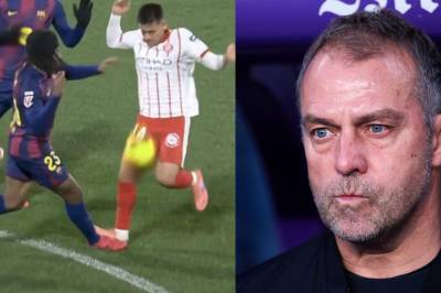 Barcelona klager på en frispark på Koundé rett før Gironas mål: 