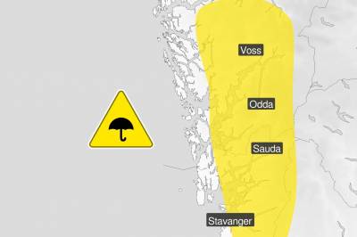 Gult farevarsel for nedbør på Vestlandet