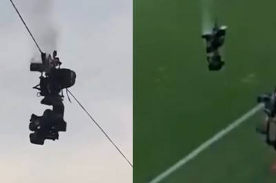 Spidercam styrter til bakken midt i en fotballkamp, og unngår med nød og neppe en katastrofe