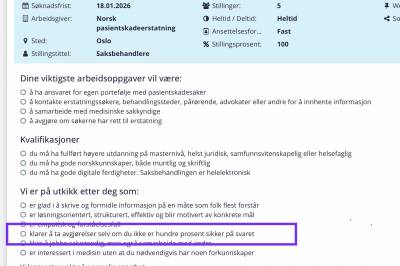 DEBATT: Ei stillingsannonse som burde fått alle varsellampar til å blinke