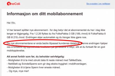 Brukte 0 GB data i 5 år. Ble oppgradert til dyrere abonnement med 8 GB