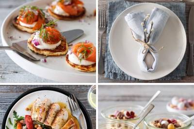 PÅSKEMENYEN; PANNEKAKER MED RØKT LAKS, KYLLING MED APPELSINSAUS – OG OSTEKAKE PÅ GLASS MED PASJONSFRUKTKREM