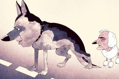 Hun går foran. Han går bak.