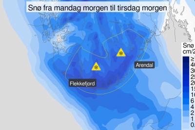 Oransje farevarsel om snø i Agder – kan bli 40 centimeter på ett døgn