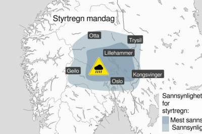 Farevarsel om styrtregn på Østlandet