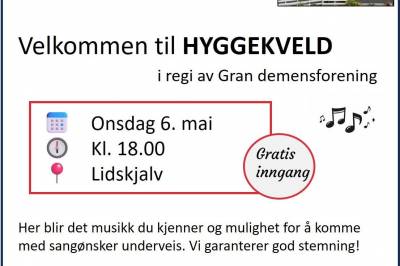 Gran demensforening inviterer til hyggekveld på Lidskjalv