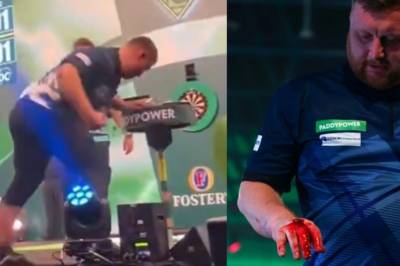 Den profesjonelle dartspilleren Cameron Menzies ber om unnskyldning etter å ha slått i et bord og skadet knokene sine