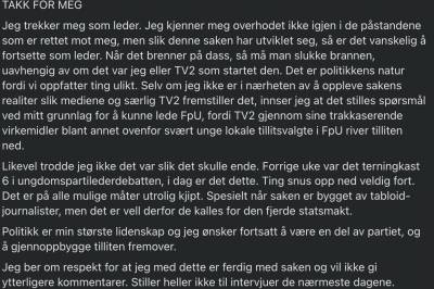 FpU-lederen trekker seg: – Takk for meg