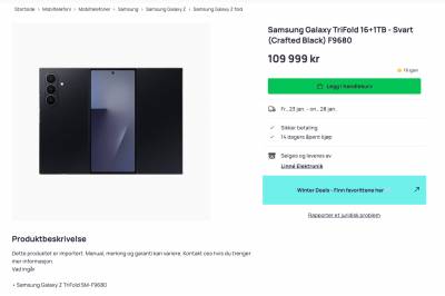 Samsung Galaxy Z TriFold selges for 100.000 kroner i Norge